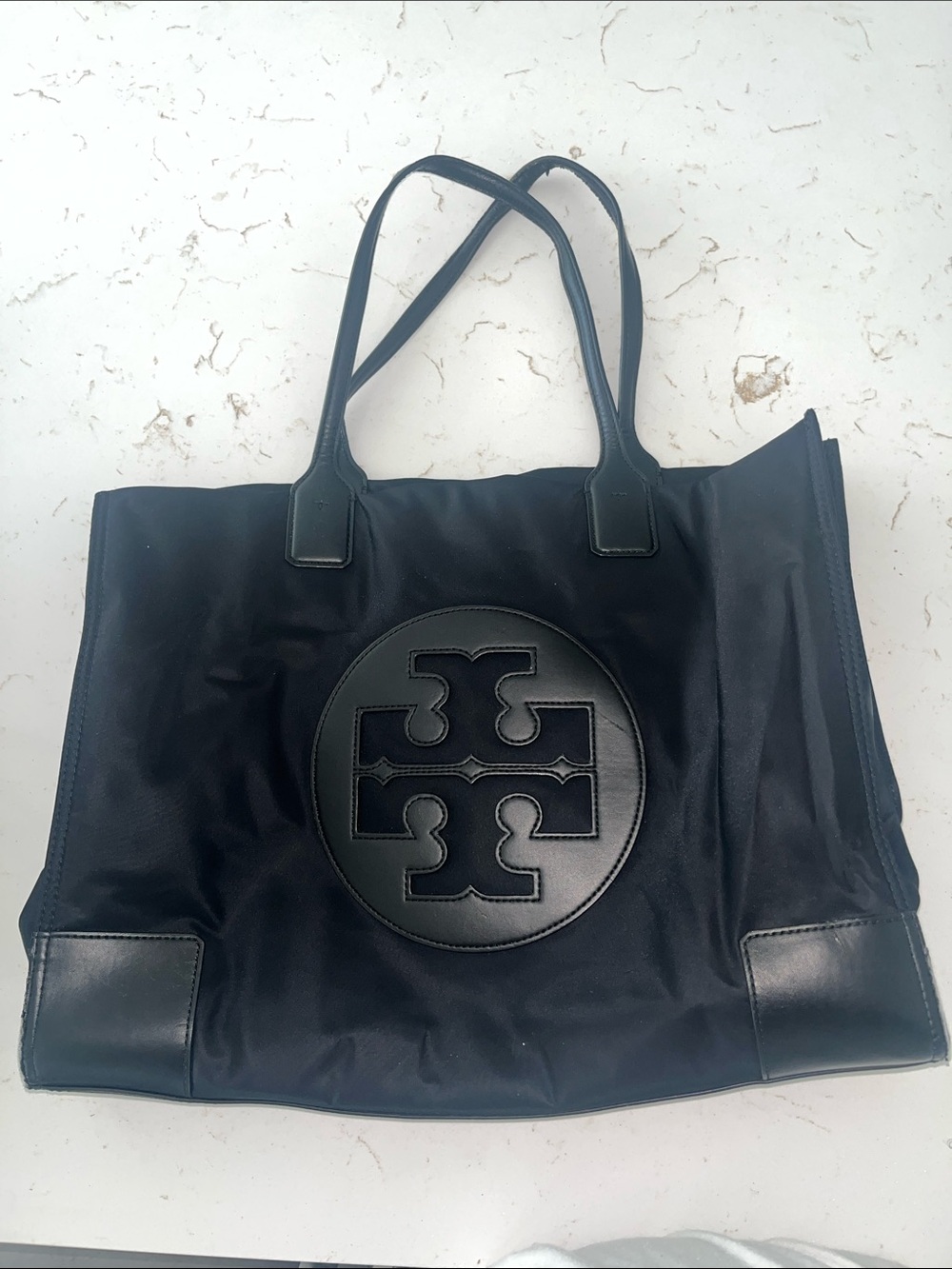 Tory Burch Black Logo Large Nylon Tote with Leather Trim